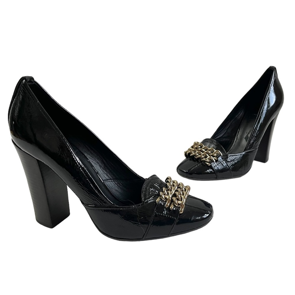 Tory Burch Black Patent Leather Hana Chain Heels